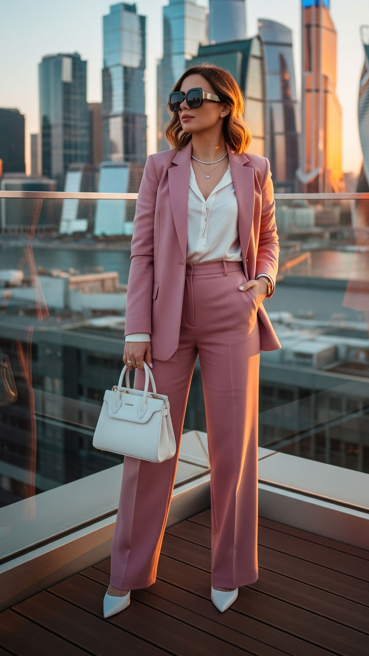 Donna elegante in tailleur rosa cipria con camicia bianca ottica, borsa a mano bianca e décolleté coordinati, posa su terrazza urbana con skyline moderno al tramonto.