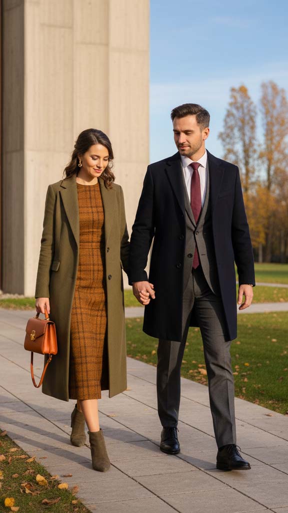 Coppia elegante all’uscita della chiesa con outfit autunnali per un battesimo a novembre: lei con abito midi e cappotto verde oliva, lui in completo grigio con cappotto scuro