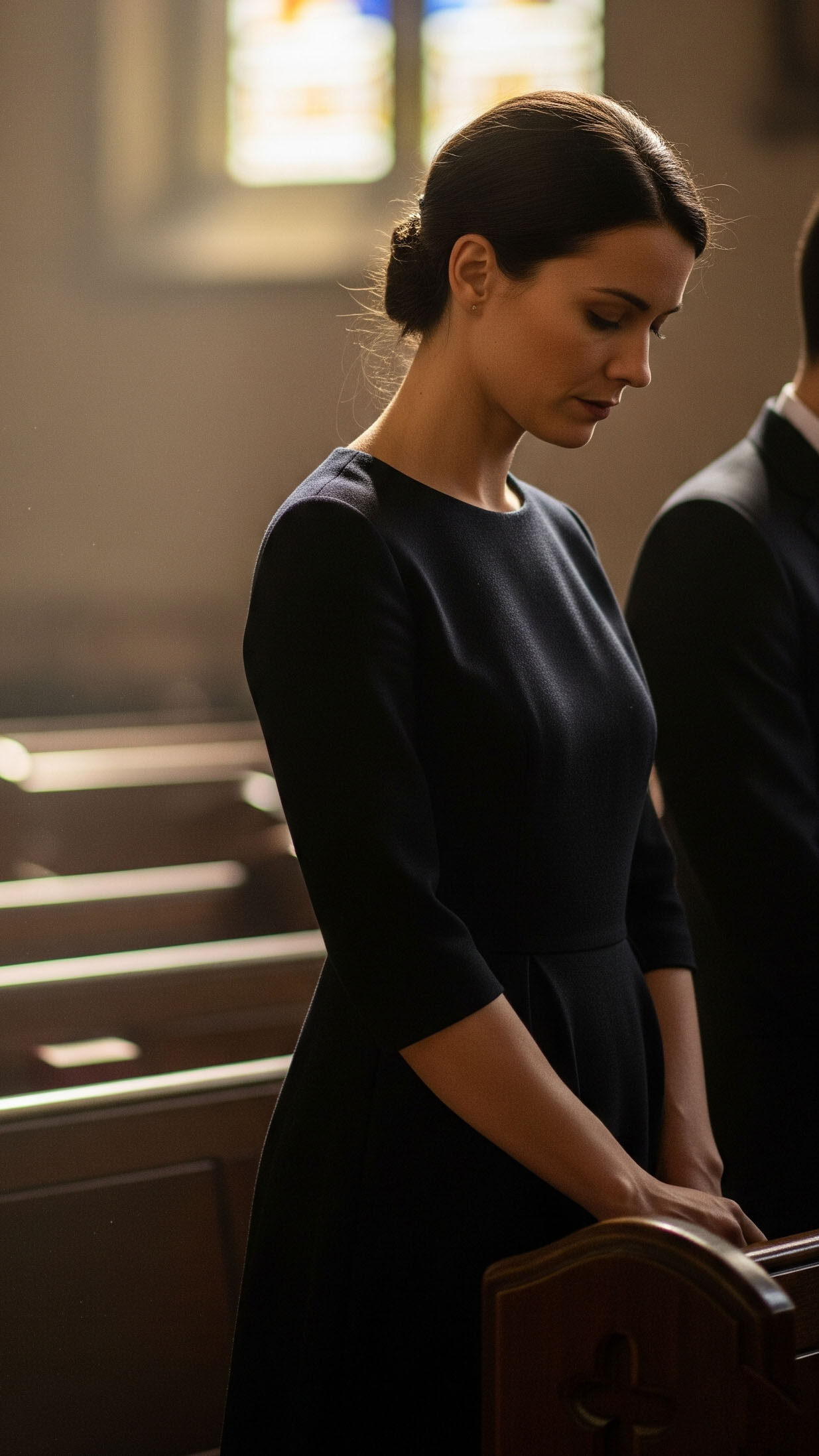 Donna con abito nero a maniche lunghe in tessuto opaco durante un funerale al cimitero, stile semplice e composto.