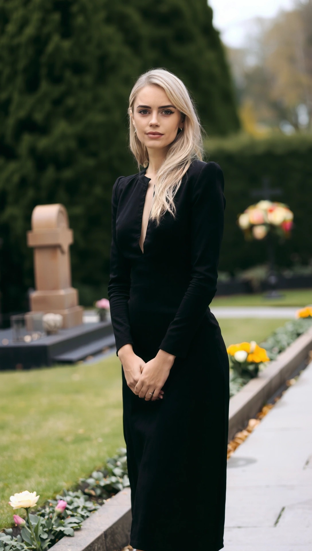 Donna con abito nero classico al funerale, look sobrio ed elegante adatto a una cerimonia funebre