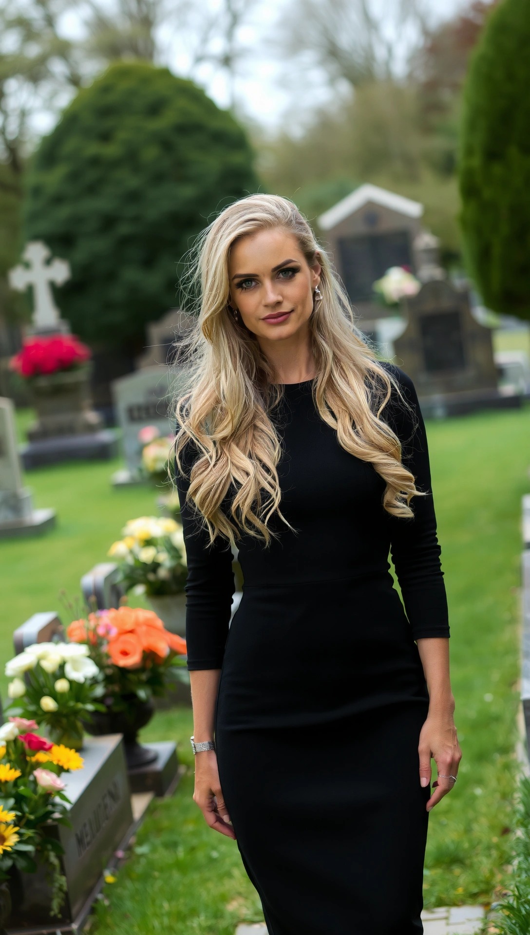 Donna elegante con abito nero a maniche lunghe in un cimitero, outfit sobrio e rispettoso per funerale
