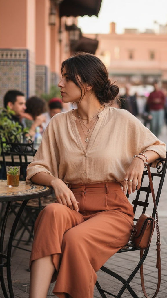 Donna seduta a un caffè all’aperto a Marrakech, con outfit da viaggio elegante e comodo: camicetta morbida color beige e pantaloni culotte color terracotta, abbinati a borsa a tracolla e accessori minimal.