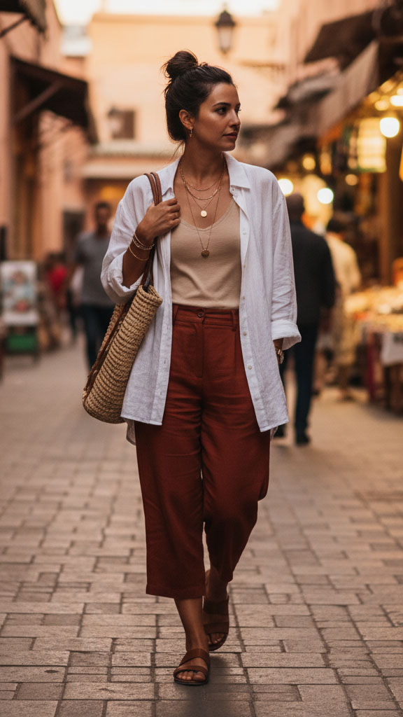Donna che passeggia tra i vicoli di Marrakech al tramonto, indossando una camicia di lino bianca da uomo lasciata aperta su top beige e pantaloni culotte terracotta, look casual chic da viaggio.