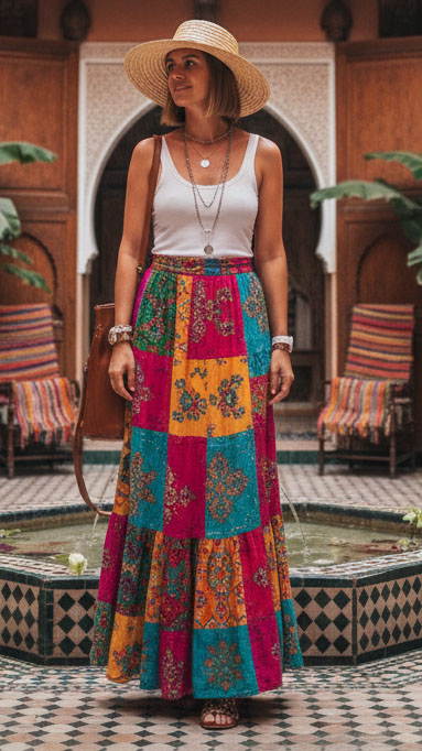 Donna in viaggio in Marocco con outfit estivo elegante, indossa una gonna lunga colorata a fantasia e top bianco, cappello di paglia e accessori boho, fotografata in un riad tradizionale di Marrakech.