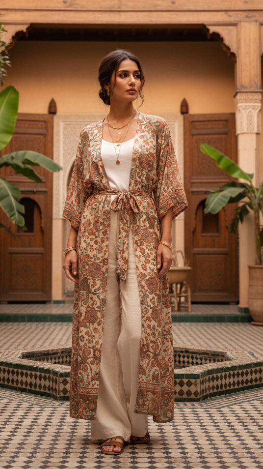 Donna in un riad marocchino indossa un kimono lungo con fantasia orientale sopra un top bianco e pantaloni larghi, outfit chic e leggero perfetto per la sera a Marrakech.