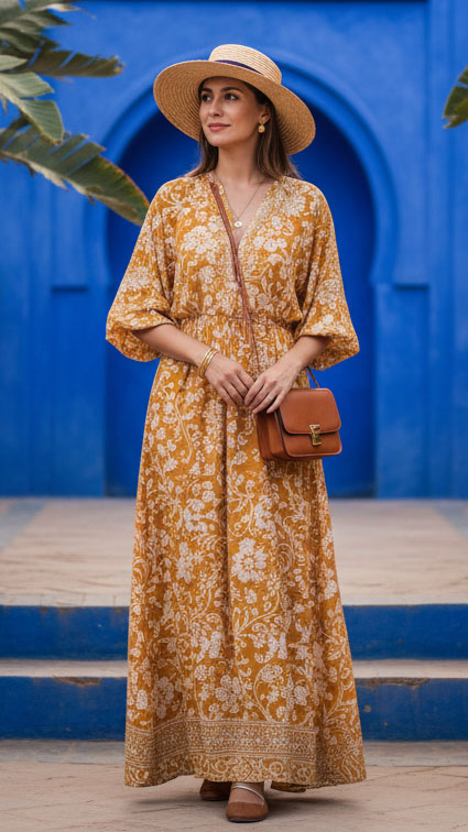 Donna in vacanza ai Giardini Majorelle di Marrakech, indossa un maxi dress lungo giallo con fantasia orientale, cappello di paglia e borsa a tracolla, outfit elegante e comodo per il Marocco.