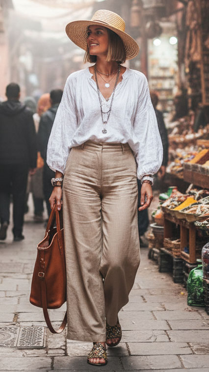 Donna in vacanza in Marocco che passeggia tra le bancarelle di spezie a Marrakech, indossando pantaloni larghi in lino beige, camicia bianca leggera e cappello di paglia, outfit comodo ed elegante.