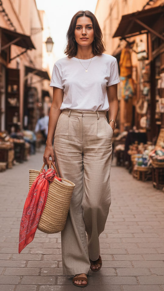 Donna che passeggia tra i souk di Marrakech con look casual chic: t-shirt bianca, pantaloni in lino beige e borsa di paglia con pashmina rossa annodata come accessorio di colore.