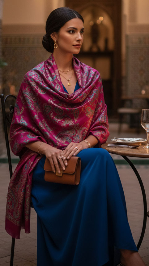Donna seduta in un riad marocchino di sera, indossa un abito blu con pashmina fucsia usata come stola elegante sulle spalle, look raffinato per una cena romantica.