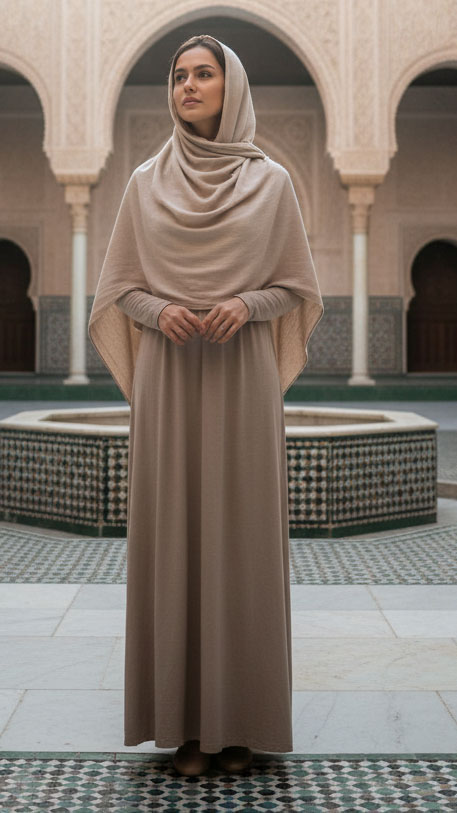 Donna in un luogo di culto in Marocco indossa un abito lungo beige con pashmina coordinata che copre capo e spalle, look elegante e rispettoso per visitare moschee e madrase.