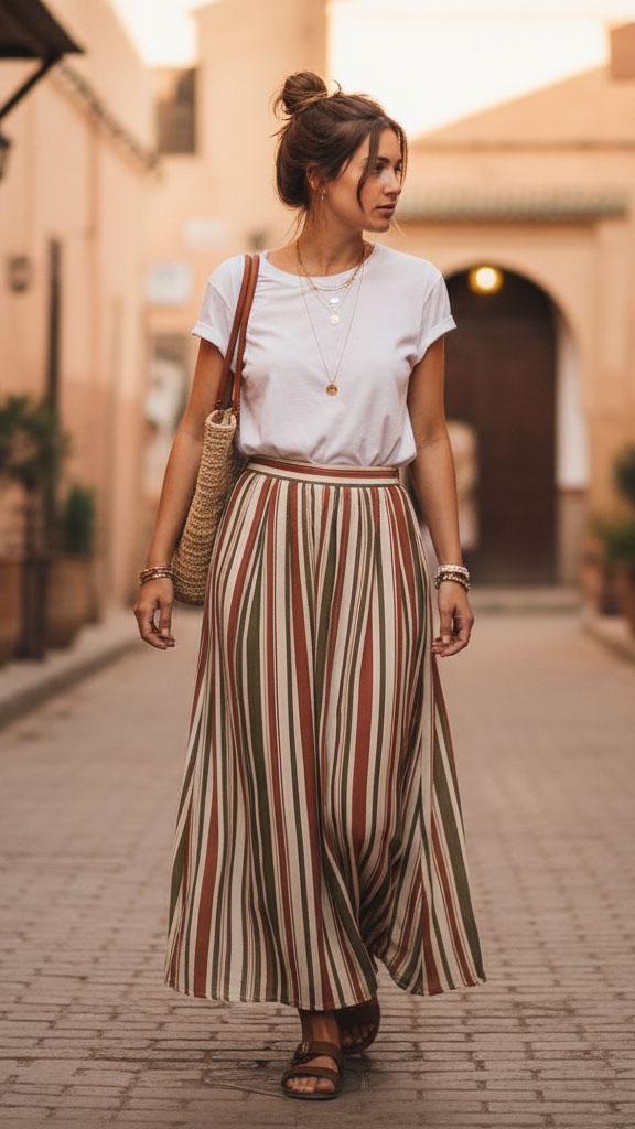 Donna in vacanza in Marocco che passeggia in una strada di Marrakech, indossando una T-shirt bianca semplice e una gonna lunga a righe nei toni naturali, abbinata a sandali e borsa di paglia, look fresco e casual chic.