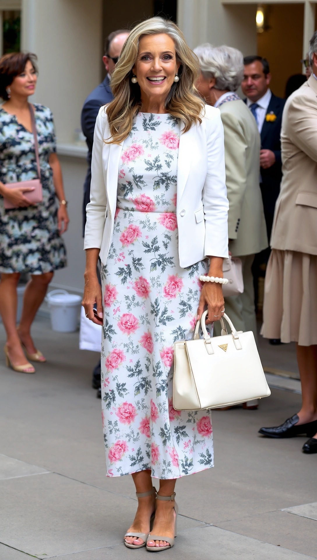nonna con abito floreale e blazer bianco elegante per battesimo del nipote
