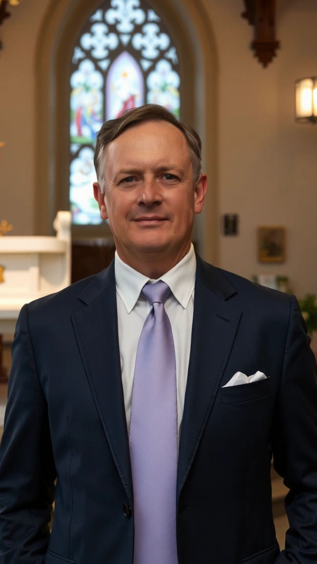 Uomo in completo blu con cravatta lilla e fazzoletto da taschino, in posa davanti all’altare, esempio di outfit padrino battesimo raffinato.