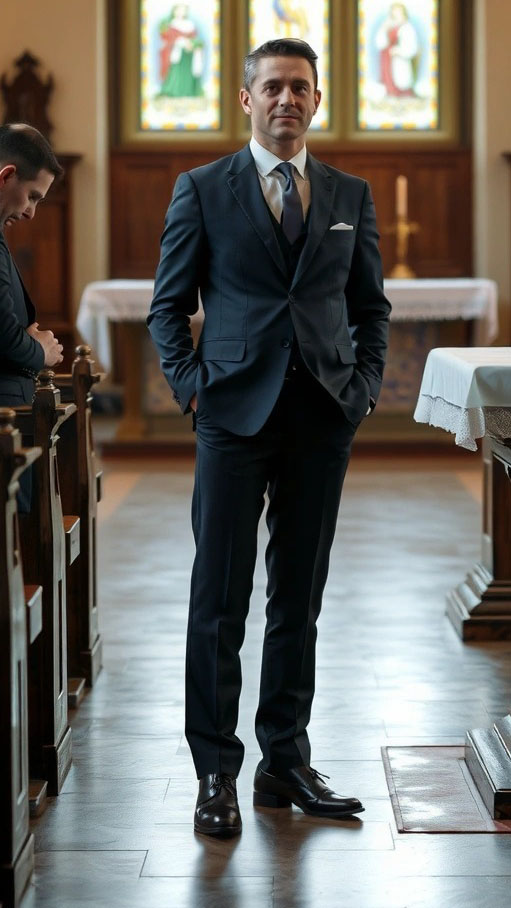 Uomo in completo elegante grigio scuro con camicia bianca e cravatta, ritratto in chiesa come modello di outfit padrino battesimo formale.