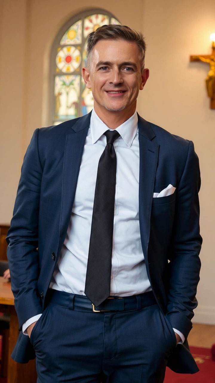 Uomo elegante con completo blu navy, camicia bianca e cravatta scura, in posa sorridente all’interno di una chiesa, esempio di outfit perfetto per il padrino di battesimo.