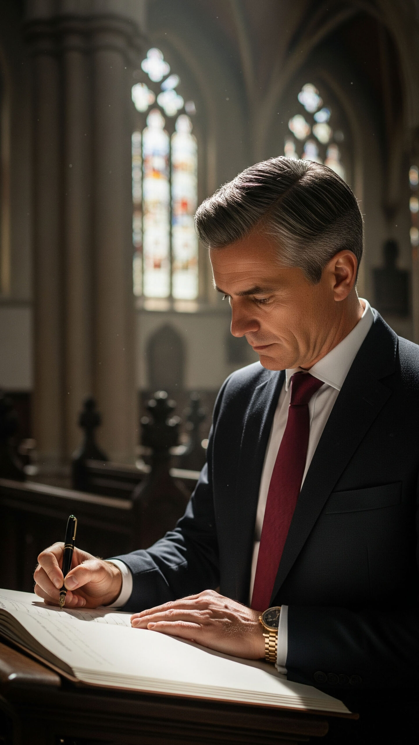 Uomo elegante in abito scuro che firma un registro in chiesa, esempio di outfit padrino battesimo sobrio ed elegante.