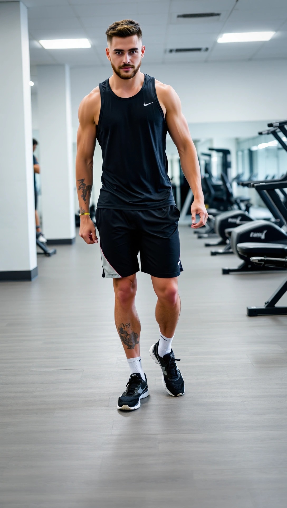 Uomo con un fisico atletico indossa un outfit da palestra composto da canotta nera e pantaloncini neri mentre cammina in una sala pesi ben attrezzata.