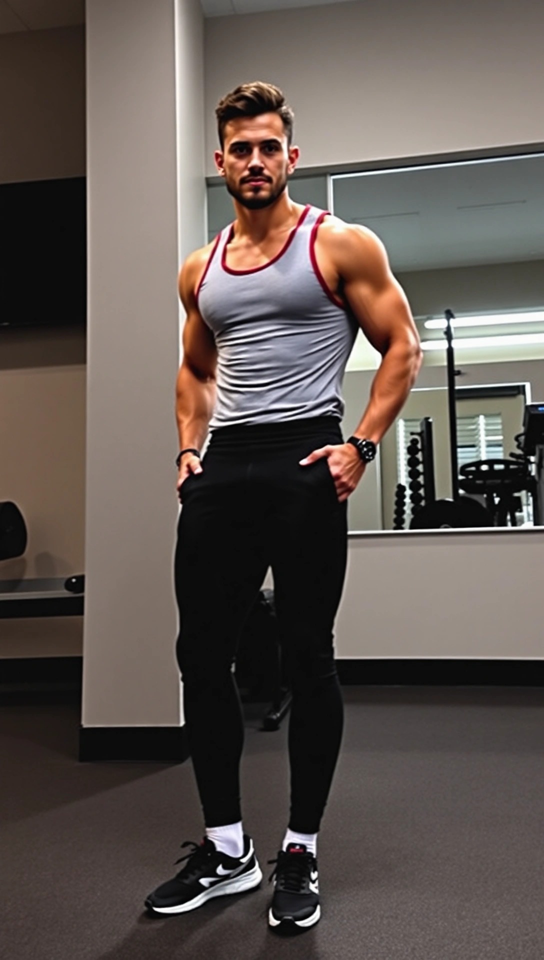 Uomo muscoloso mostra un outfit da palestra stiloso e funzionale, composto da una canotta grigia aderente e pantaloni joggers neri, perfetto per l'allenamento.