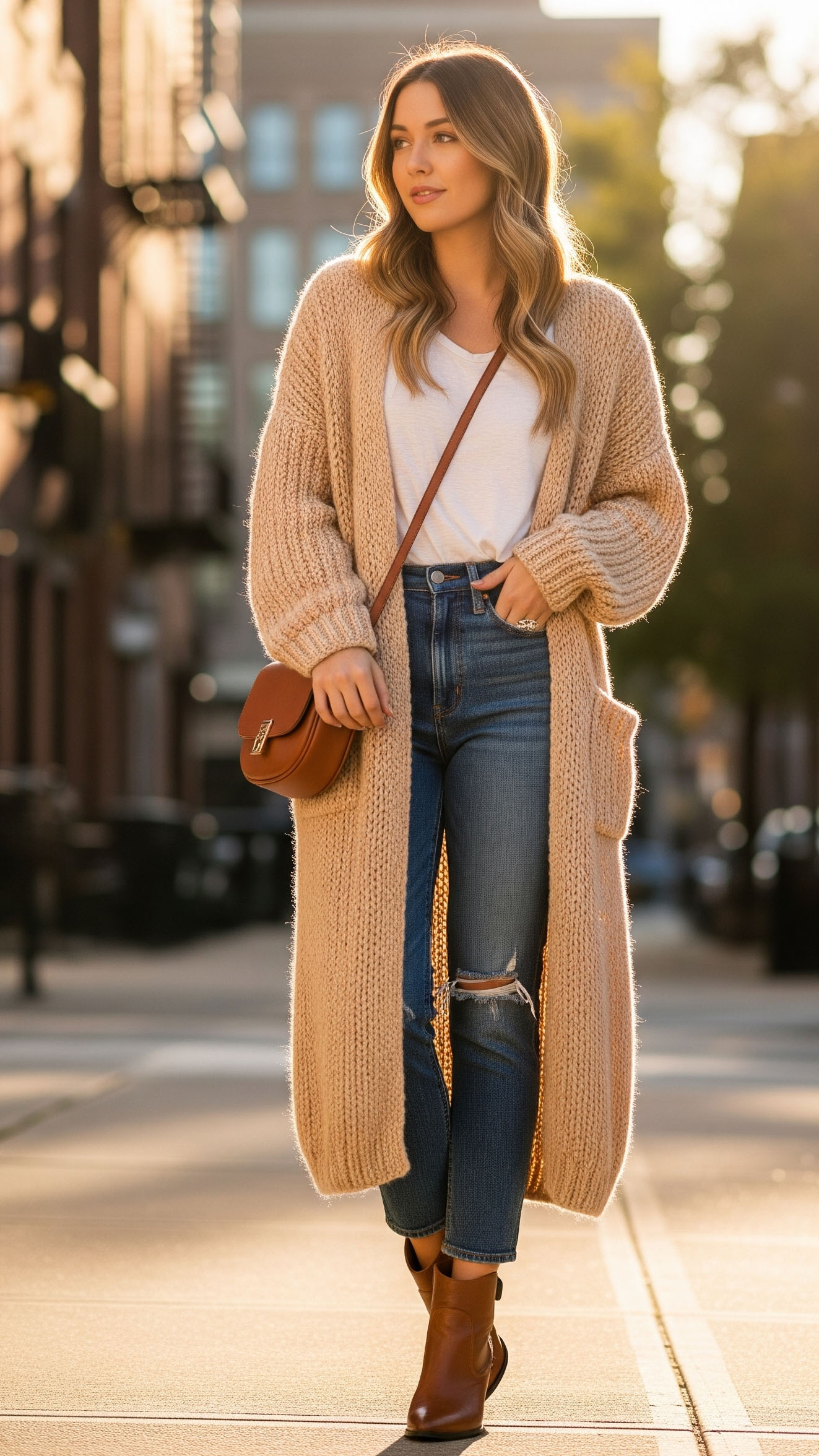 Outfit casual chic di settembre con cardigan lungo beige, jeans skinny e stivaletti marroni