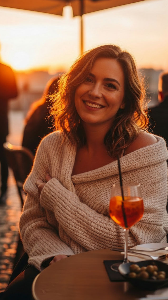 Donna sorridente con cardigan morbido oversize durante aperitivo al tramonto, look autunnale accogliente