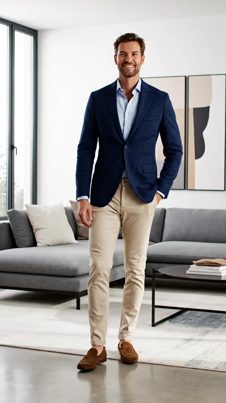 Look spezzato maschile con blazer blu navy strutturato e pantaloni chino beige per invitato al battesimo.