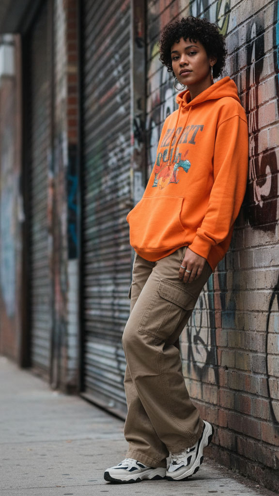 Donna con look streetwear urbano: felpa arancione oversize con grafica, pantaloni cargo beige e sneakers sportive, posa contro un muro con graffiti.