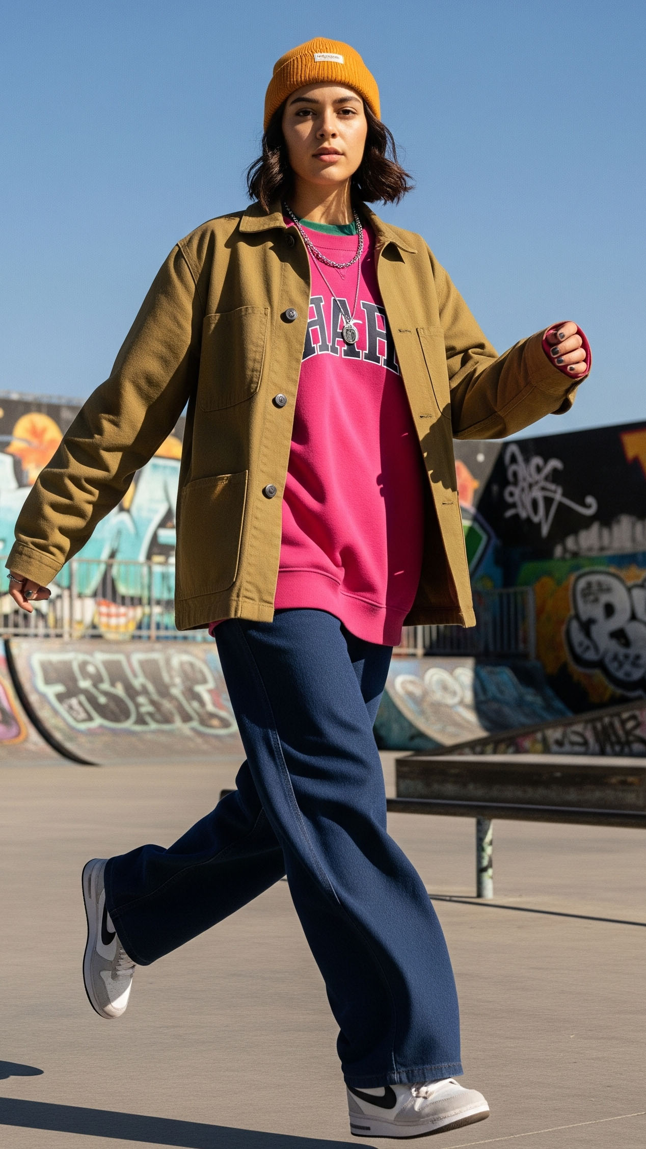 Donna con look streetwear colorato: felpa fucsia oversize, giacca utility beige, pantaloni larghi blu e cappellino giallo, cammina in uno skatepark urbano.