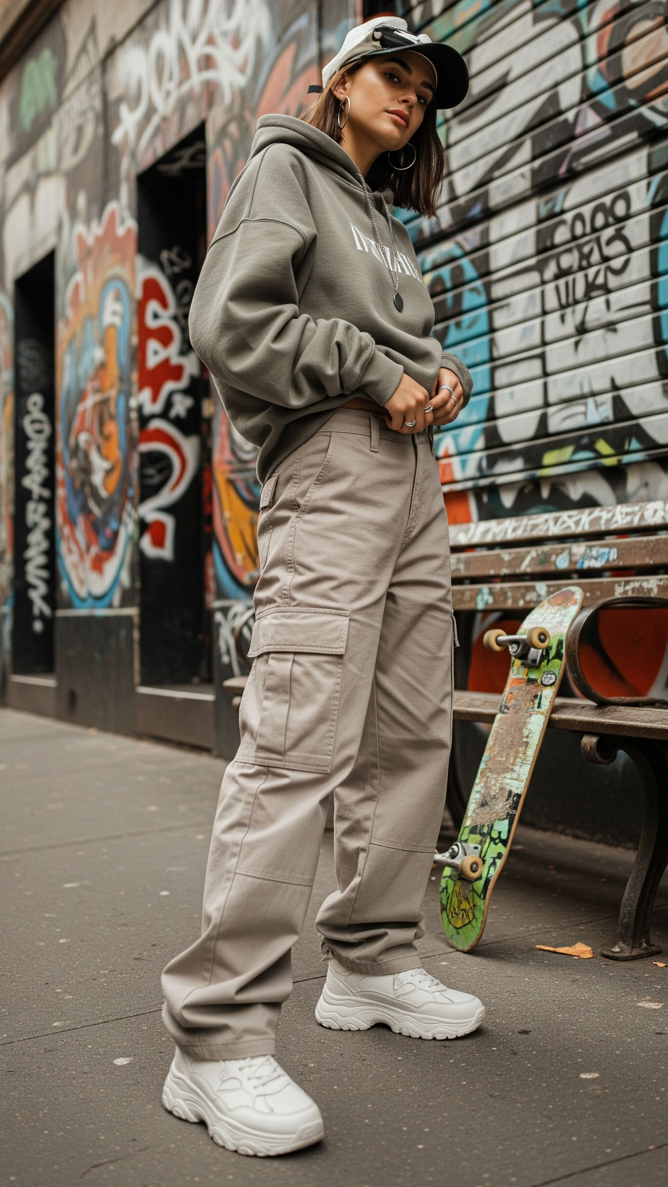 Donna con outfit streetwear composto da felpa oversize verde, pantaloni cargo beige e sneakers bianche chunky, posa urbana davanti a graffiti colorati