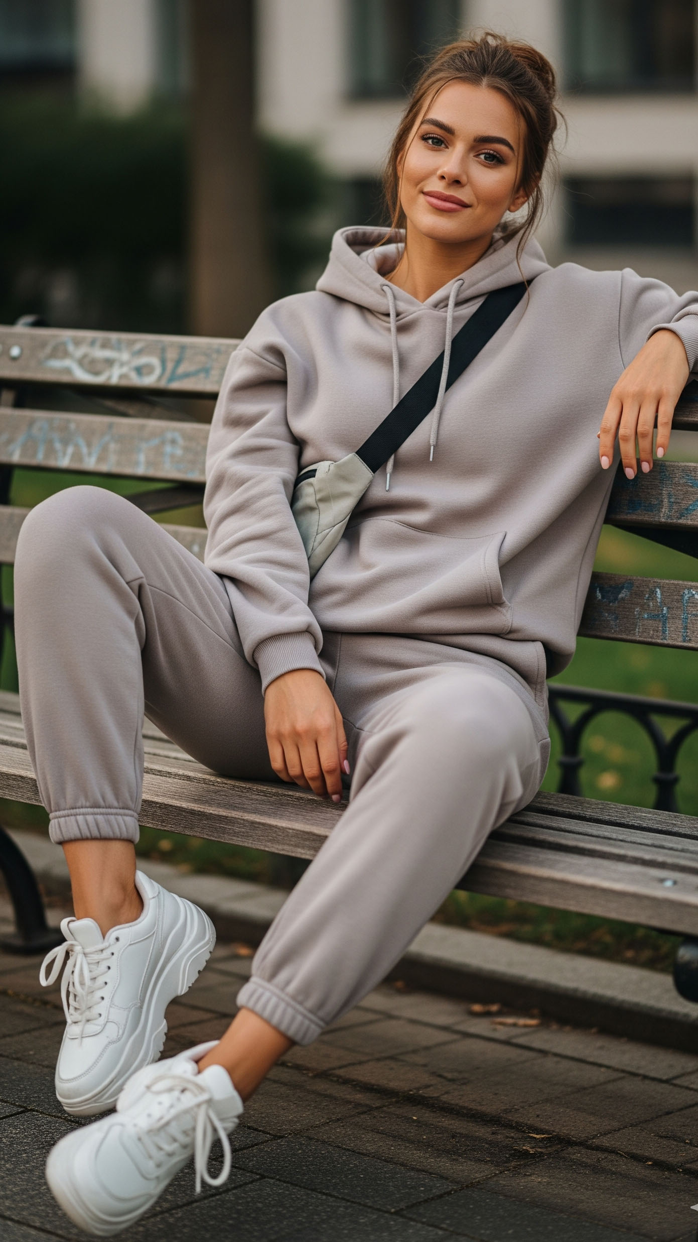 Ragazza con outfit streetwear comodo: tuta grigia coordinata con felpa e pantaloni jogger, sneakers bianche chunky e borsa a tracolla, seduta su una panchina.