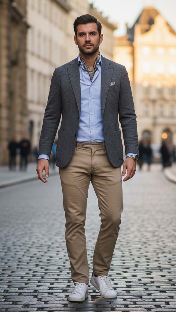 Outfit uomo elegante per 18 gradi con giacca leggera, camicia azzurra, pantaloni chino e sneakers bianche, perfetto per la mezza stagione