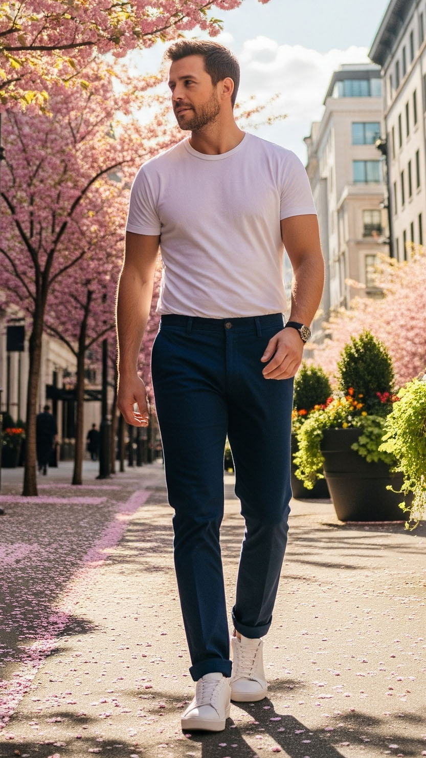 Outfit uomo strato base per 20 gradi, pantaloni chino blu e t-shirt bianca leggera in città primaverile