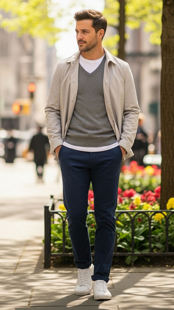 Outfit uomo strato esterno per 20 gradi, t-shirt bianca, maglioncino grigio e giacca beige leggera in città primaverile