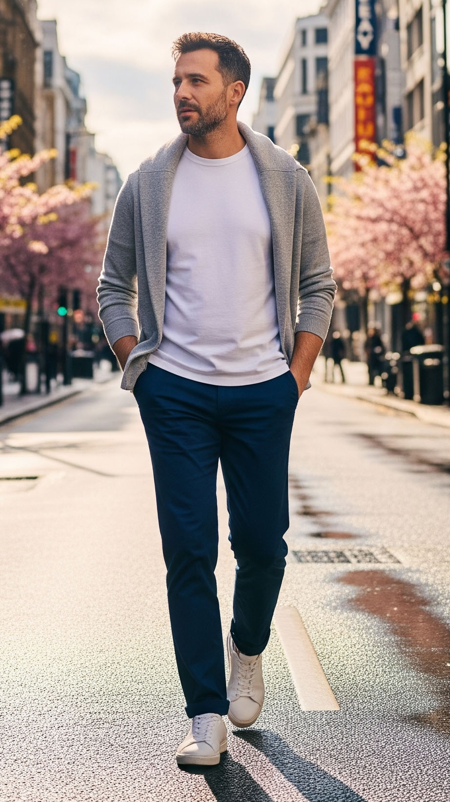 Outfit uomo strato intermedio per 20 gradi, t-shirt bianca con maglioncino leggero grigio e pantaloni chino blu in città