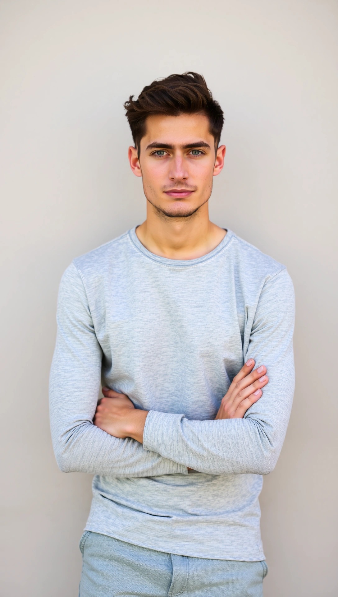 Uomo che indossa una maglia leggera a maniche lunghe grigia, ideale come base layer per outfit a strati a 14 gradi.