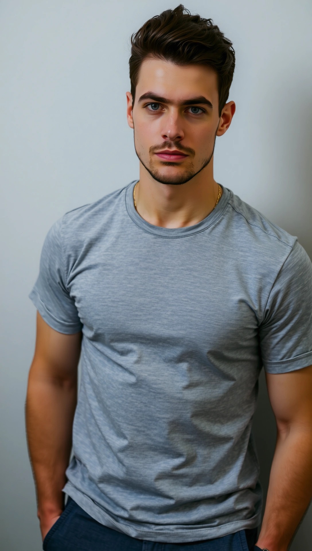 Uomo che indossa una T-shirt in cotone grigia, esempio di base layer per vestirsi a 14 gradi in modo comodo e pratico.