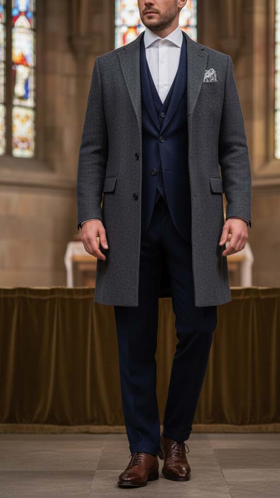 Uomo elegante in abito sartoriale blu con cappotto di lana grigio, scarpe di pelle marroni, in una chiesa per un battesimo invernale.