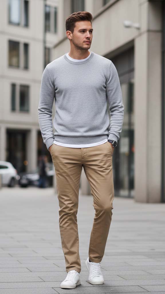 Outfit maschile a due strati: t-shirt bianca con maglione grigio sopra, pantaloni chino beige e sneakers bianche, stile casual chic.