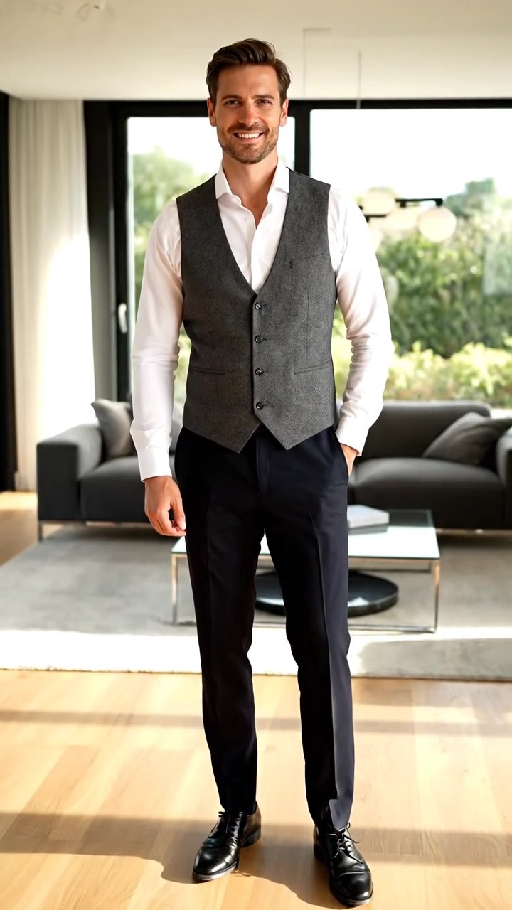 Abbinamento elegante uomo con gilet grigio antracite e camicia bianca con maniche rimboccate.