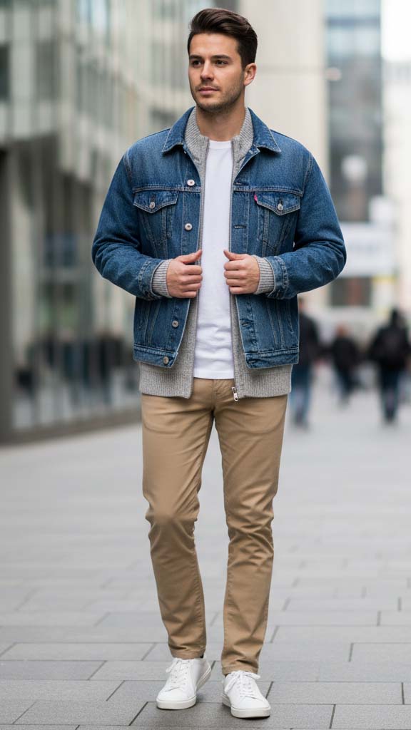 Look uomo stratificato a tre strati: t-shirt bianca, maglione grigio e giacca di jeans, abbinati a chino beige e sneakers bianche.