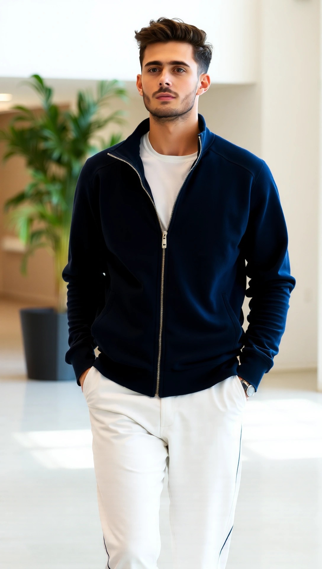Uomo che indossa una felpa navy con zip sopra la T-shirt, ideale come mid layer casual per 14 gradi.