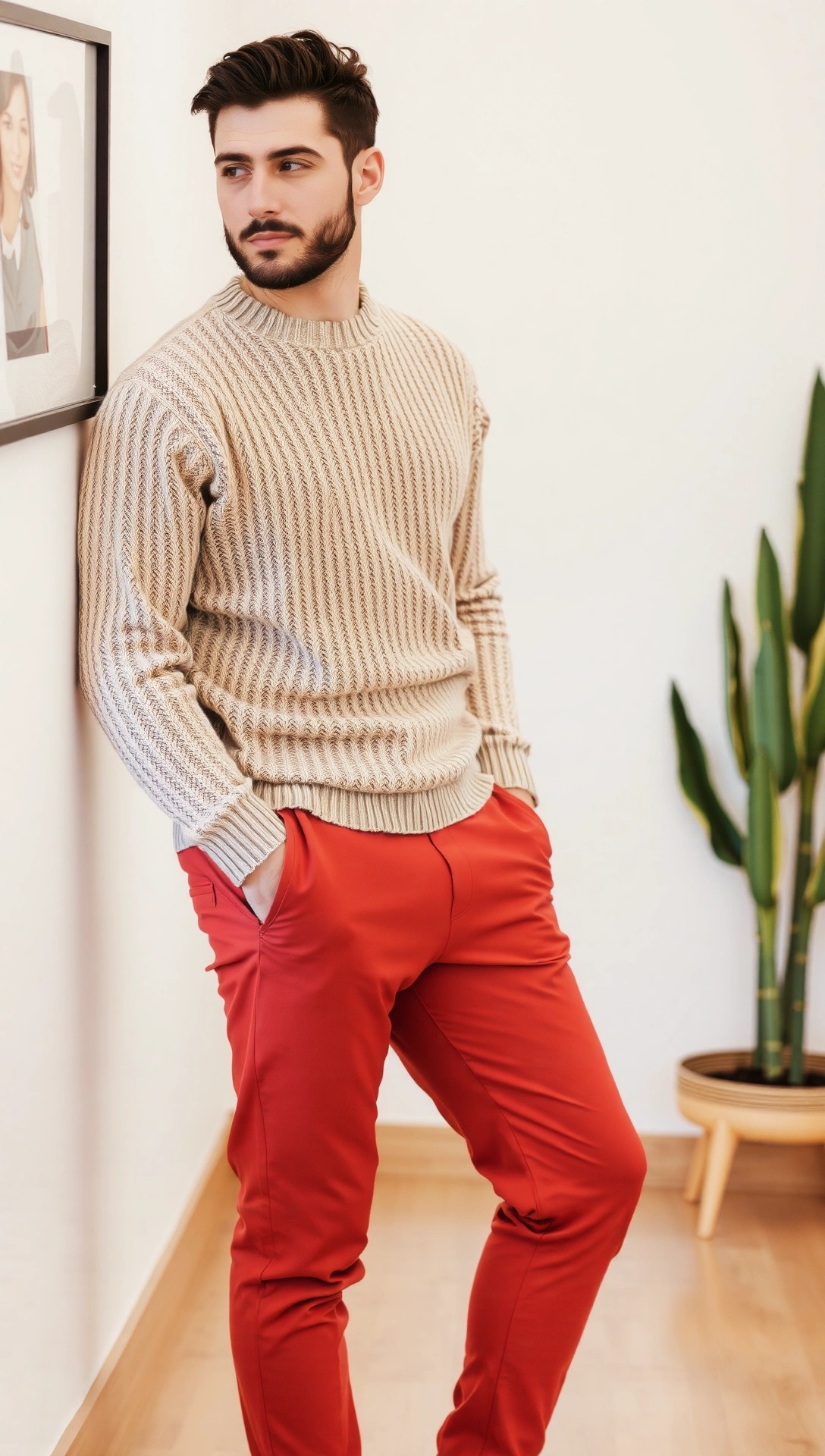 Uomo con maglione beige a girocollo, esempio di mid layer caldo e versatile per outfit maschili in clima mite.