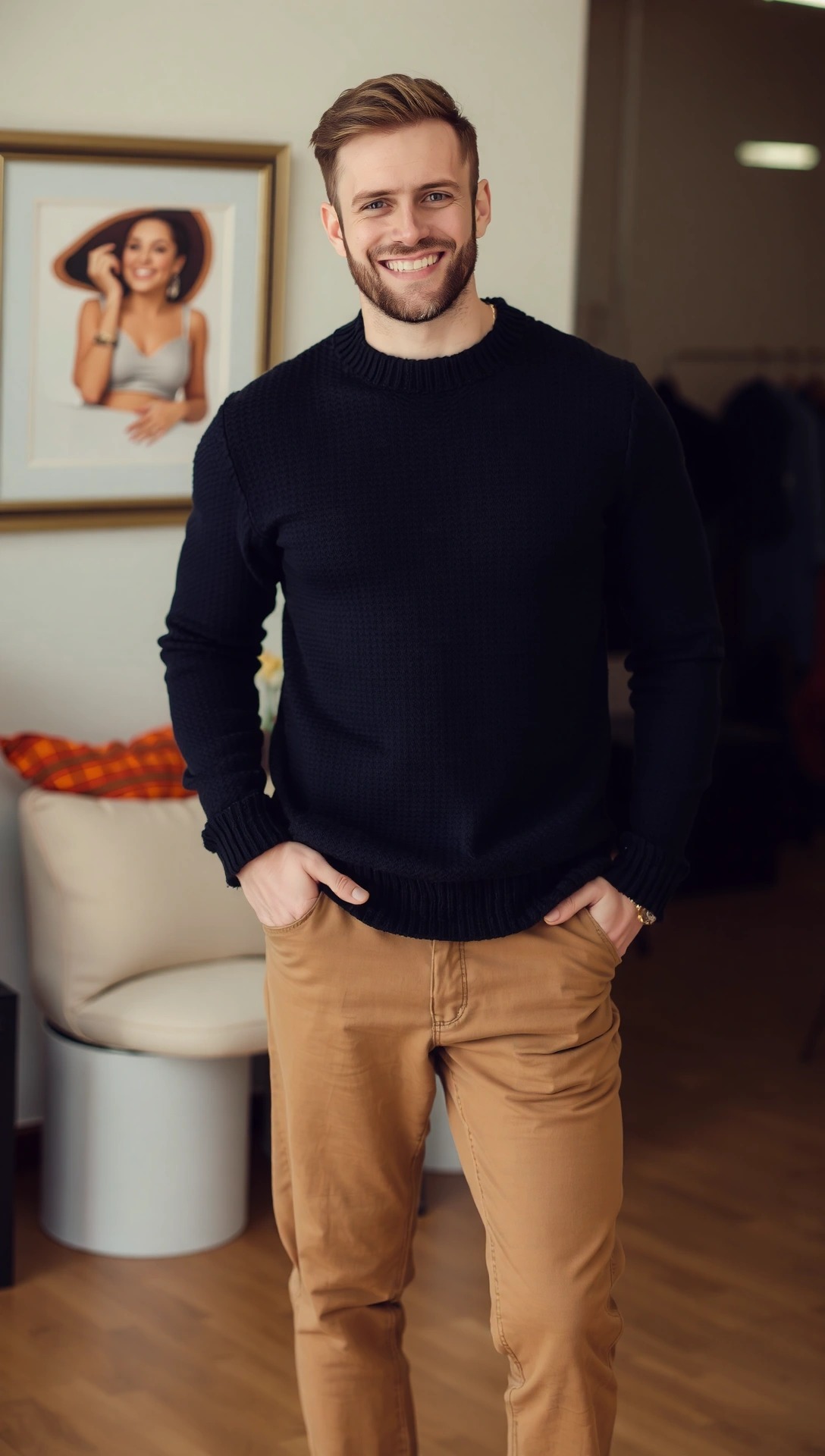 Uomo che indossa un maglione in lana scuro, perfetto come mid layer per stratificare un outfit maschile a 14 gradi.