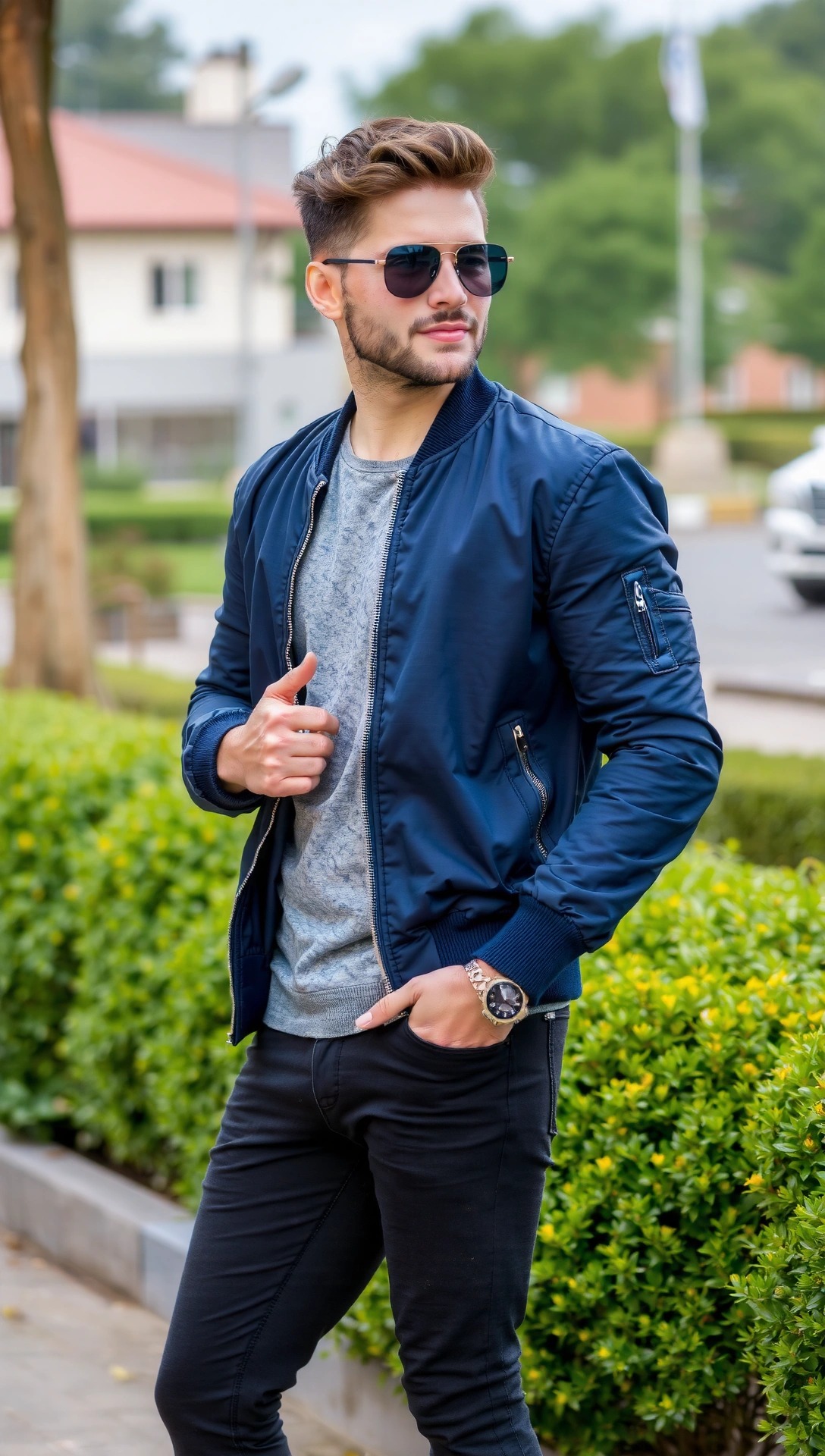 Uomo che indossa un bomber blu con T-shirt grigia e pantaloni scuri, outer layer casual per 14 gradi.