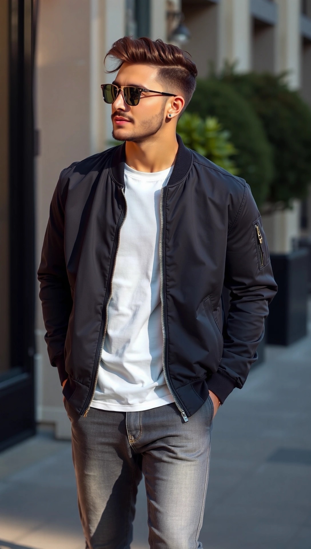 Uomo con bomber nero sopra T-shirt bianca, look casual maschile perfetto come outer layer per la mezza stagione.