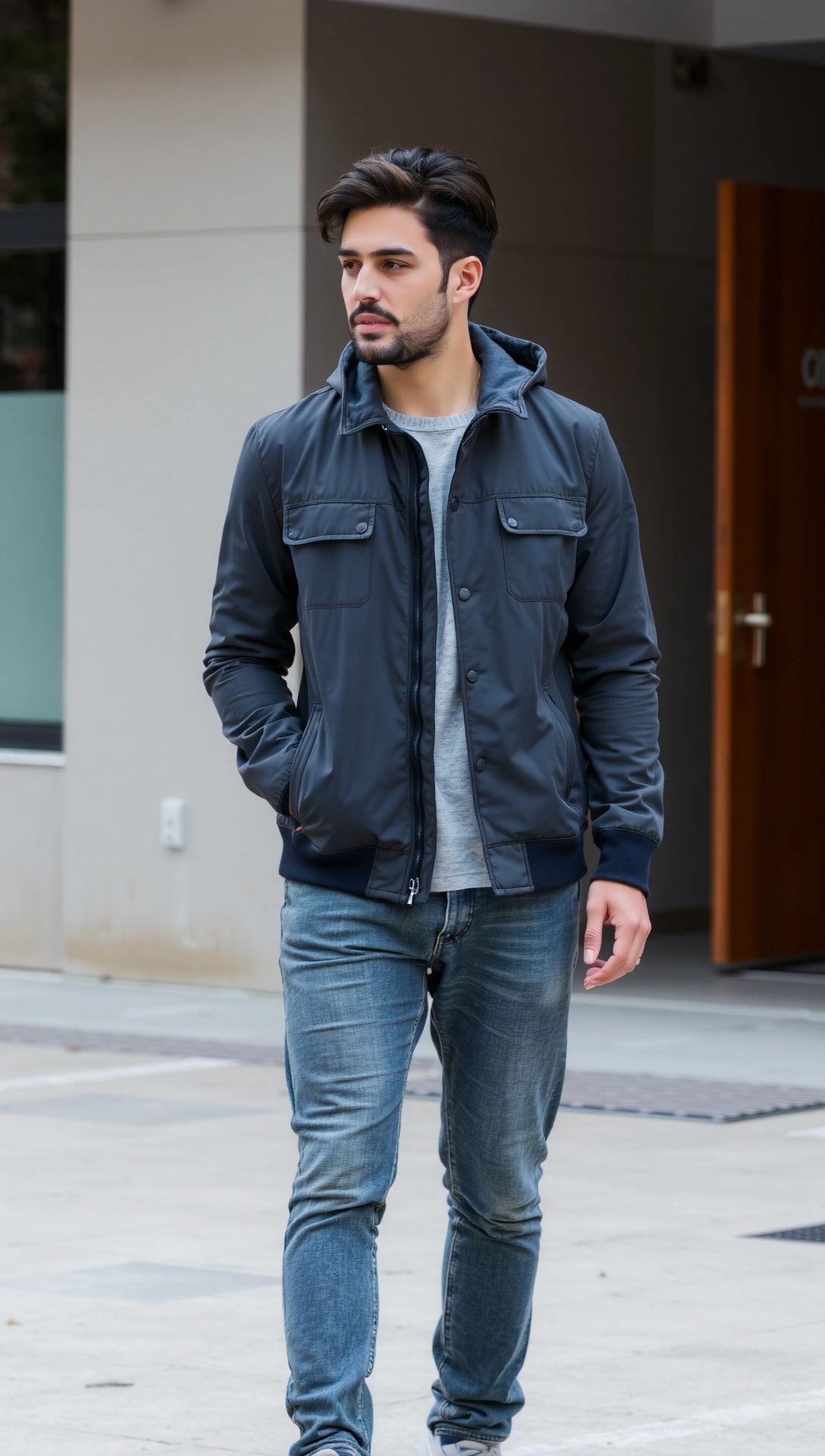 Uomo che indossa un giubbotto leggero grigio sopra un maglione, esempio di outer layer pratico per 14 gradi.