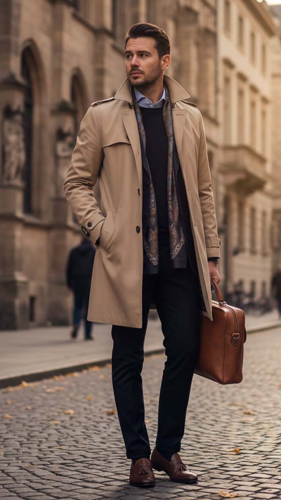 Uomo elegante con trench beige sopra un maglione, esempio di outer layer raffinato per outfit maschile in clima mite.