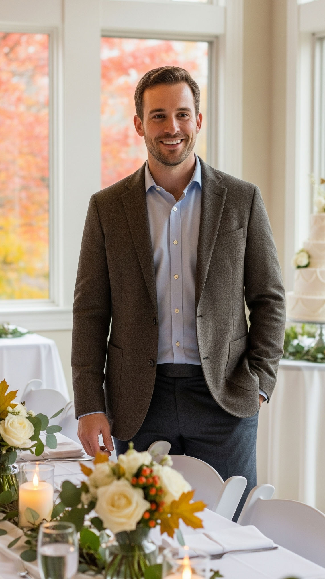 uomo elegante con abito grigio in chiesa durante un battesimo in autunno, look sobrio e raffinato