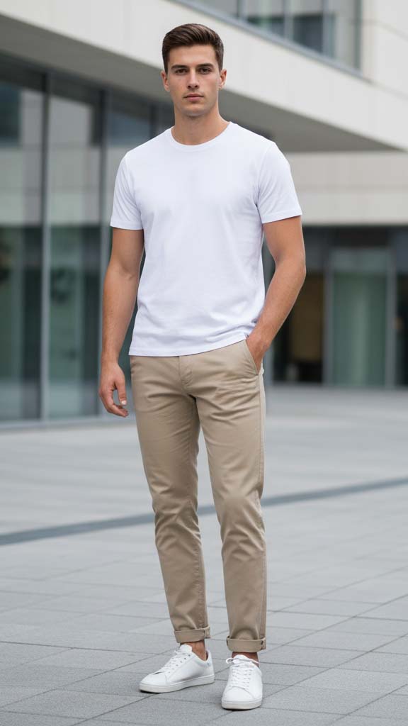 Uomo con outfit minimal: t-shirt bianca, pantaloni chino beige e sneakers bianche, look casual per 18 gradi.