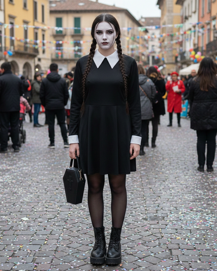 Ragazza travestita da Mercoledì Addams per Carnevale con vestito nero a colletto bianco, trecce basse e trucco pallido in una piazza festosa.