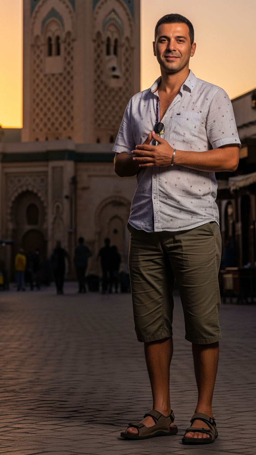 Uomo in Marocco vicino a un minareto al tramonto, indossa bermuda al ginocchio, camicia leggera e sandali, esempio di abbigliamento rispettoso della cultura locale.